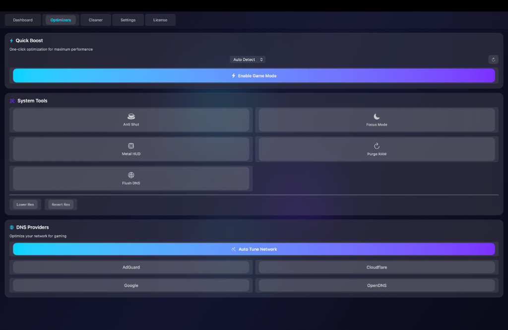 FrameBoost Optimizers panel with quick boost tools