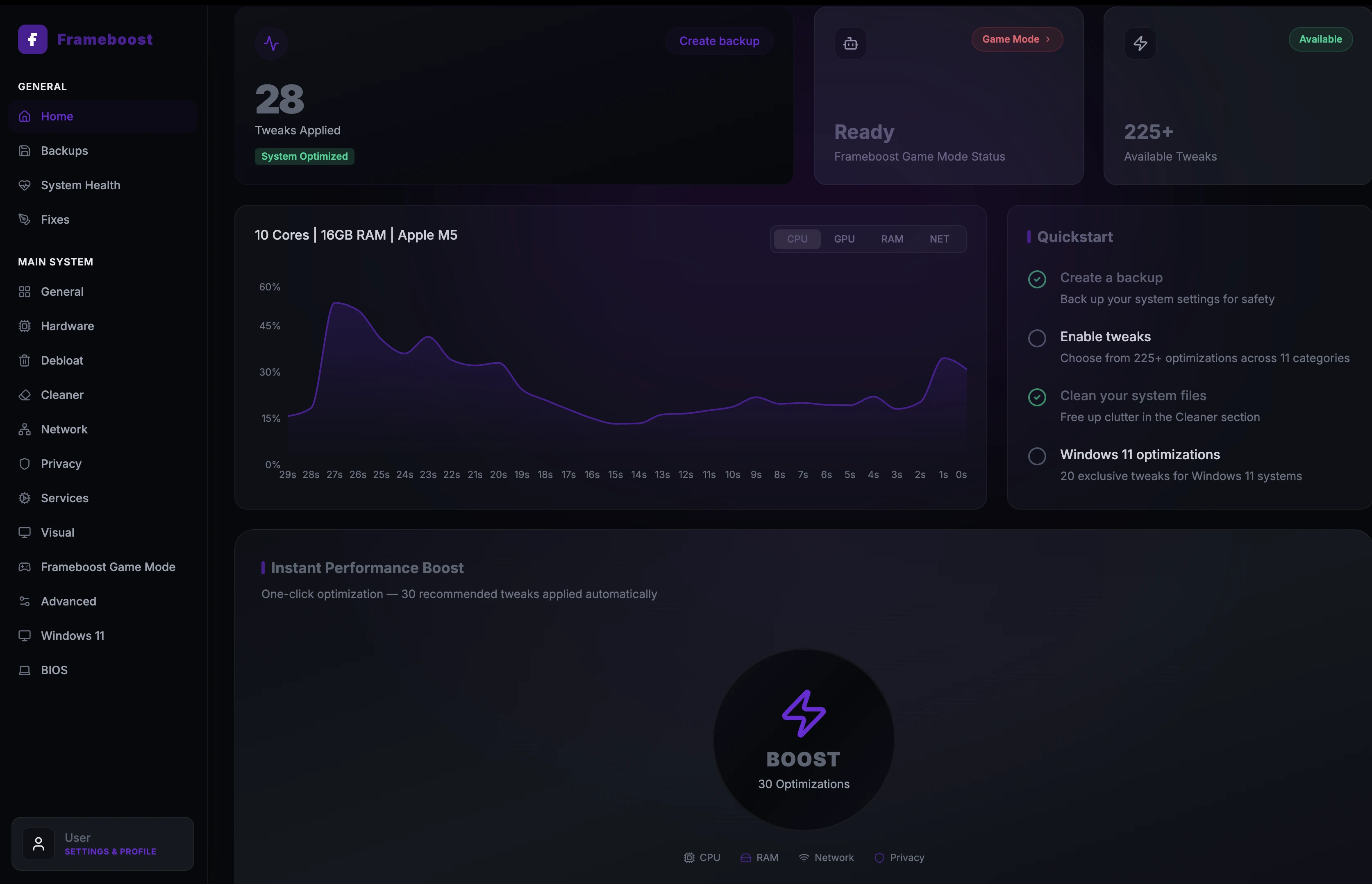FrameBoost Windows dashboard